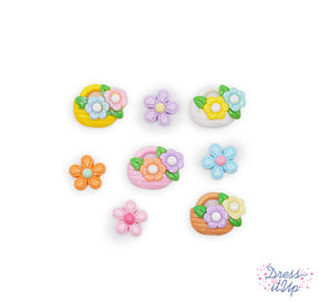 8 flat-back resin button embellishments pack with pastel colored flower baskets and stitched flowers