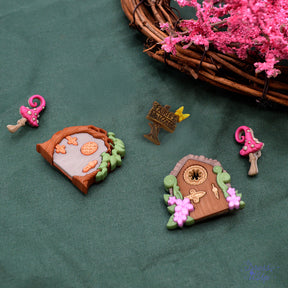 Fairy garden door and magical mushroom shank back buttons for spring and fantasy sewing and crafting projects
