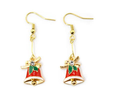Golden Enamel Christmas Bell Dangle Earrings