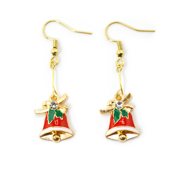 Golden Enamel Christmas Bell Dangle Earrings