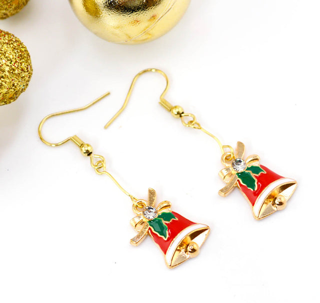 Golden Enamel Christmas Bell Dangle Earrings