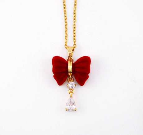 Golden Rhinestone & Fabric Bowknot Necklace