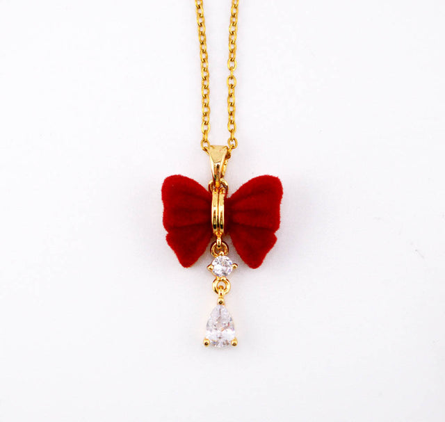 Golden Rhinestone & Fabric Bowknot Necklace
