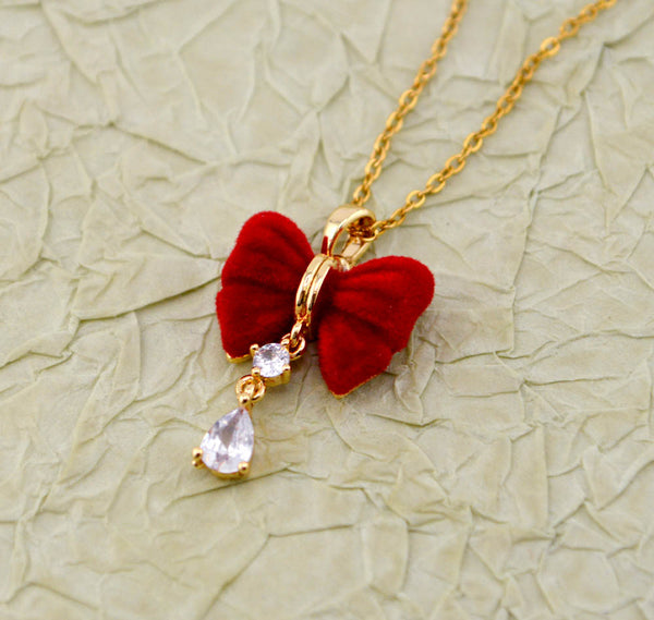 Golden Rhinestone & Fabric Bowknot Necklace