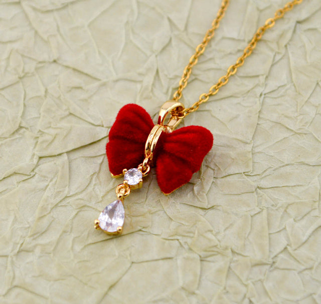 Golden Rhinestone & Fabric Bowknot Necklace