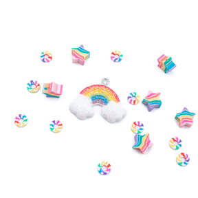 This pack features glittery rainbow charm focal, rainbow star clay beads and rainbow heishi spacer beads