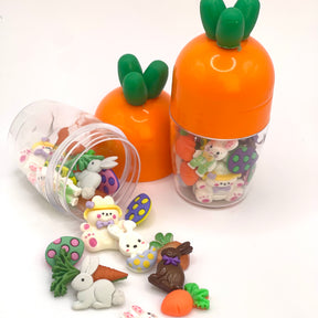 Features an assortment of beautiful hand-dyed buttons and embellishments. Bunnies, easter eggs, and carrots. Reusable plastic container
