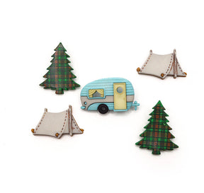 five camping themed buttons, camper, tents and plaid patterned evergreen trees