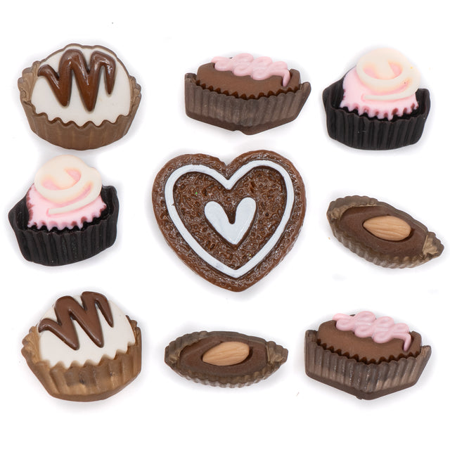 Faux chocolate bon bon embellishments for paper, wood, and fabric crafts