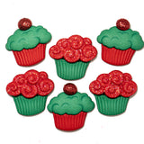 Set of red and green cupcake-shaped decorations on a white background
