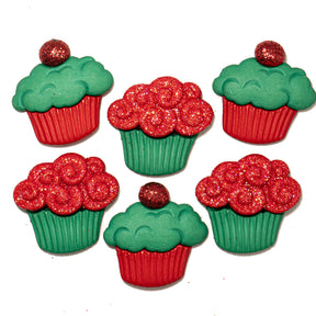 Set of red and green cupcake-shaped decorations on a white background