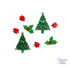 Two sparkling Christmas trees, poinsettias and holly add an elegant touch to holiday crafts