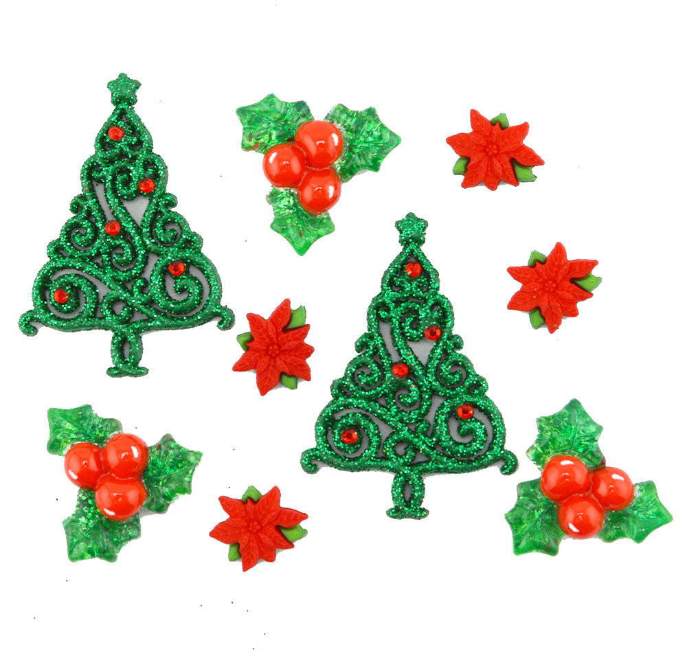 Christmas Elegance Red Green Trees Holly Holiday Themed Buttons