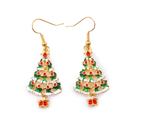 18K Gold Plated Enamel Christmas Tree Dangle Earrings