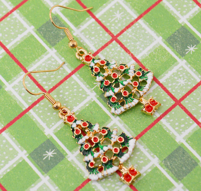 18K Gold Plated Enamel Christmas Tree Dangle Earrings