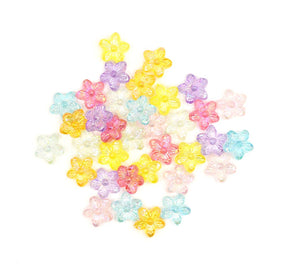 Large plastic flower beads in bright girly colors with a AB finish. 