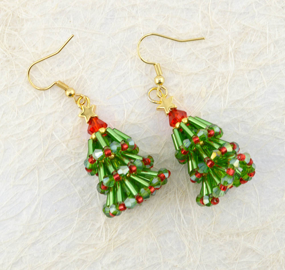 Golden Christmas Tree Seed Bead Dangle Earrings