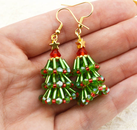 Golden Christmas Tree Seed Bead Dangle Earrings