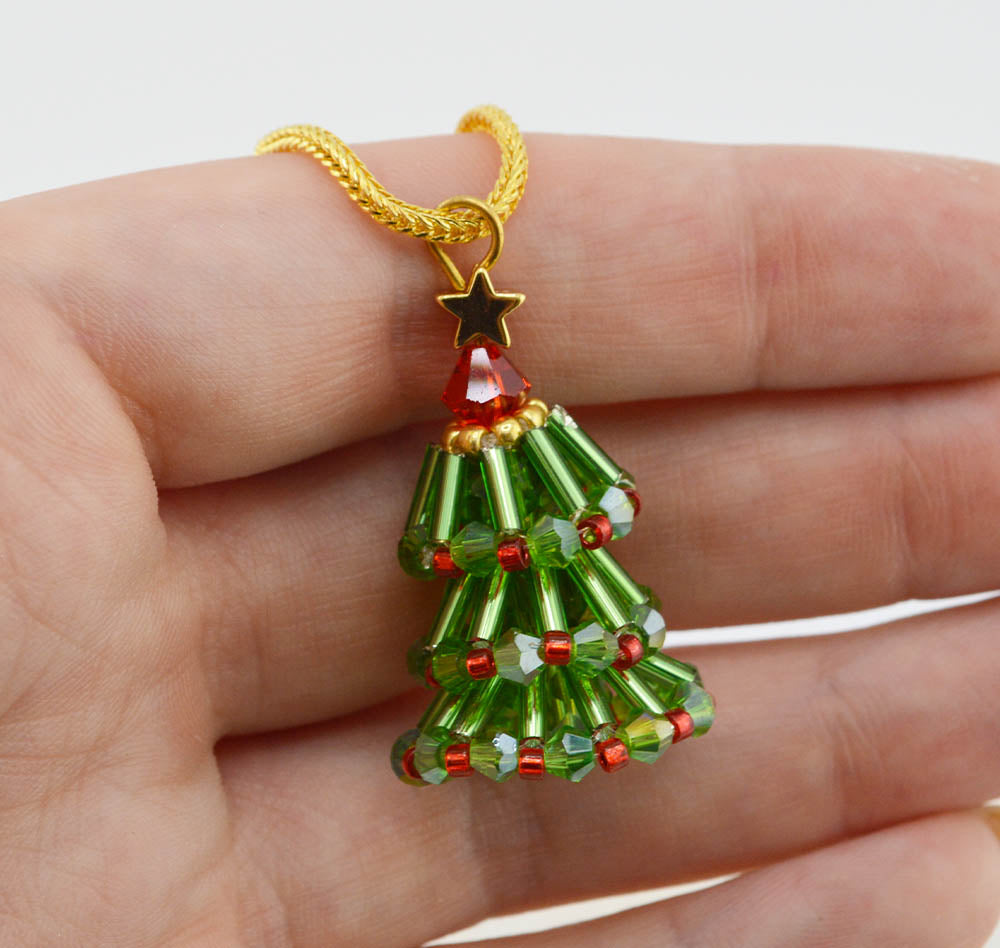 Seed Bead Style Christmas Tree Pendant Necklace