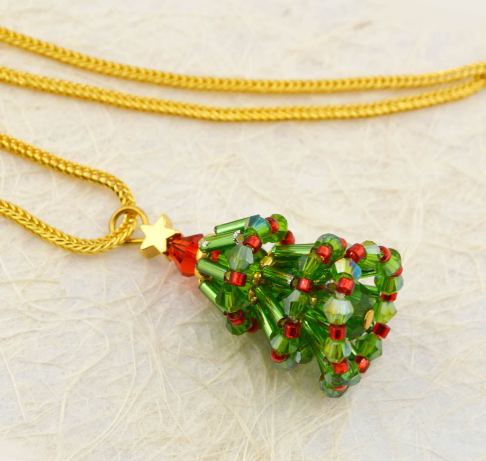 Seed Bead Style Christmas Tree Pendant Necklace