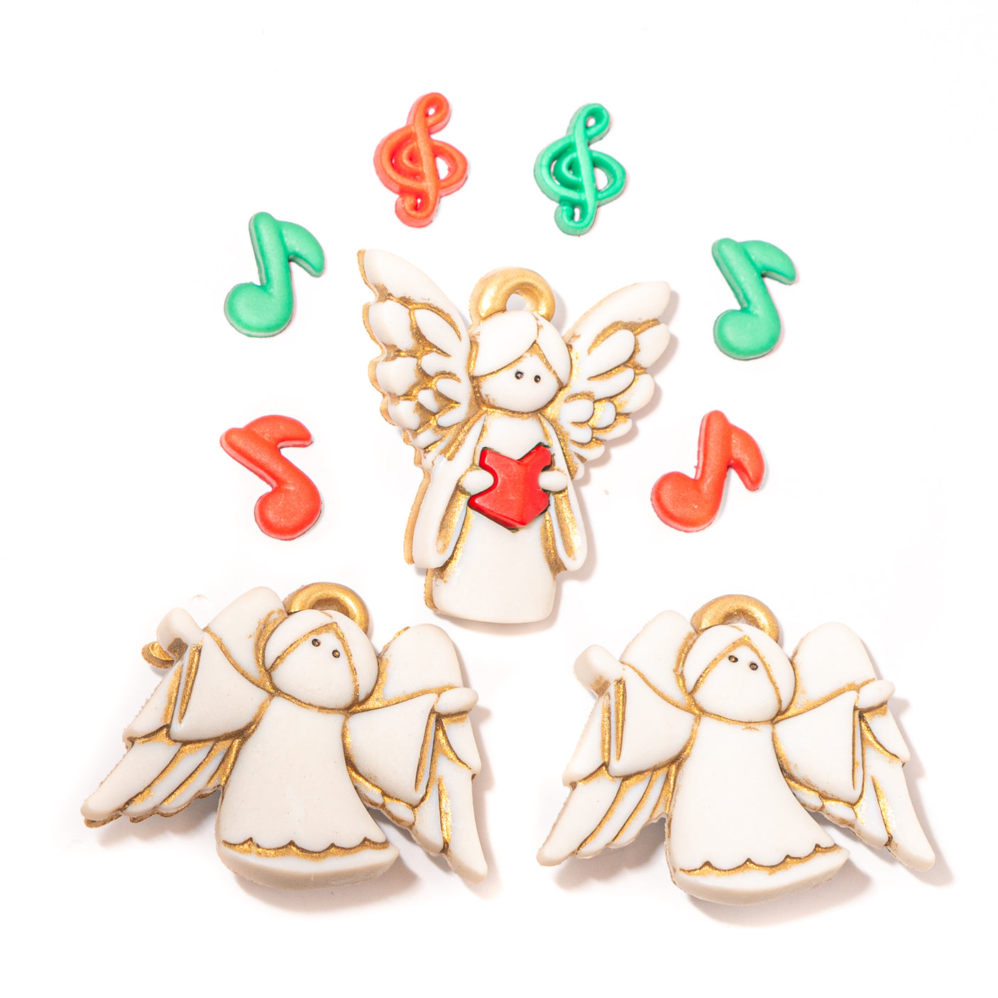 Decorative angel craft buttons with musical notes on a white background