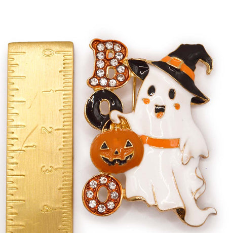 BOO Ghost Rhinestone Halloween Enamel Brooch