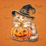 A Halloween-themed enamel pin featuring a fluffy white cat wearing a black witch hat and holding a carved orange pumpkin, set against a textured orange background.