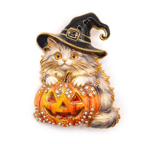 Witchy Cat & Pumpkin Halloween Rhinestone Brooch