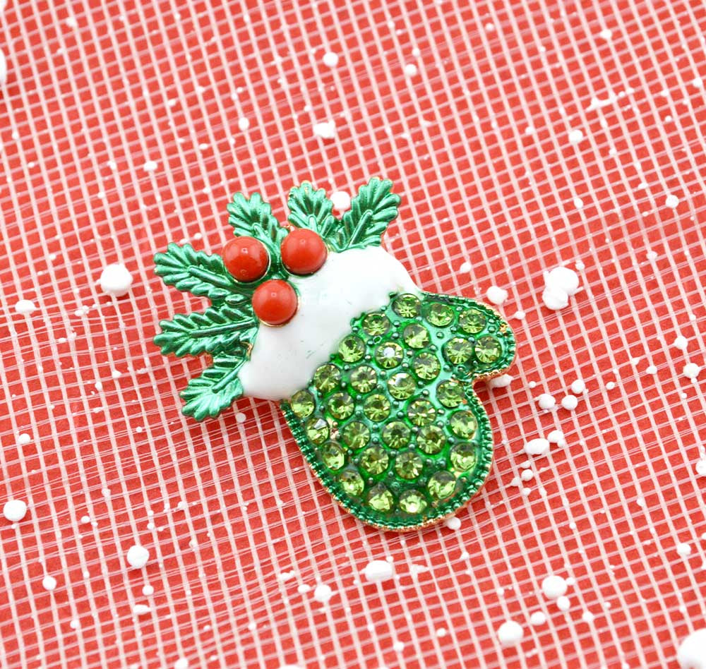 Holly Jolly Rhinestone Mitten Brooch