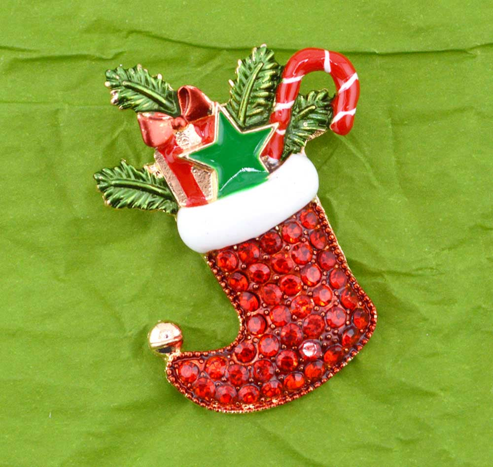 Sparkling Christmas Stocking Rhinestone Brooch