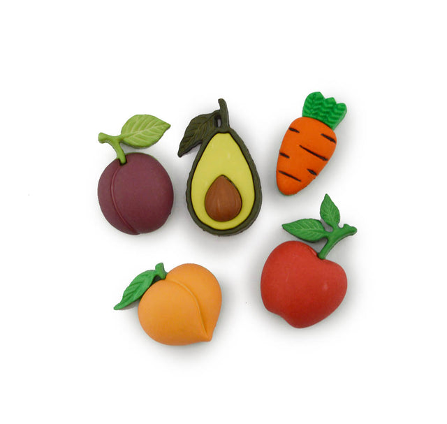 Five small fruit-shaped buttons arranged on a plain white background: a dark red plum, a cut avocado, an orange carrot, a peach, and a red apple.