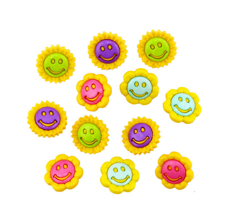 Ten colorful smiley face flower-shaped embellishments arranged on a plain white background.