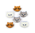Five cat-face shaped items arranged on a plain white background, including two orange cats, two gray cats, and one white cat, each with blue eyes and black whiskers.