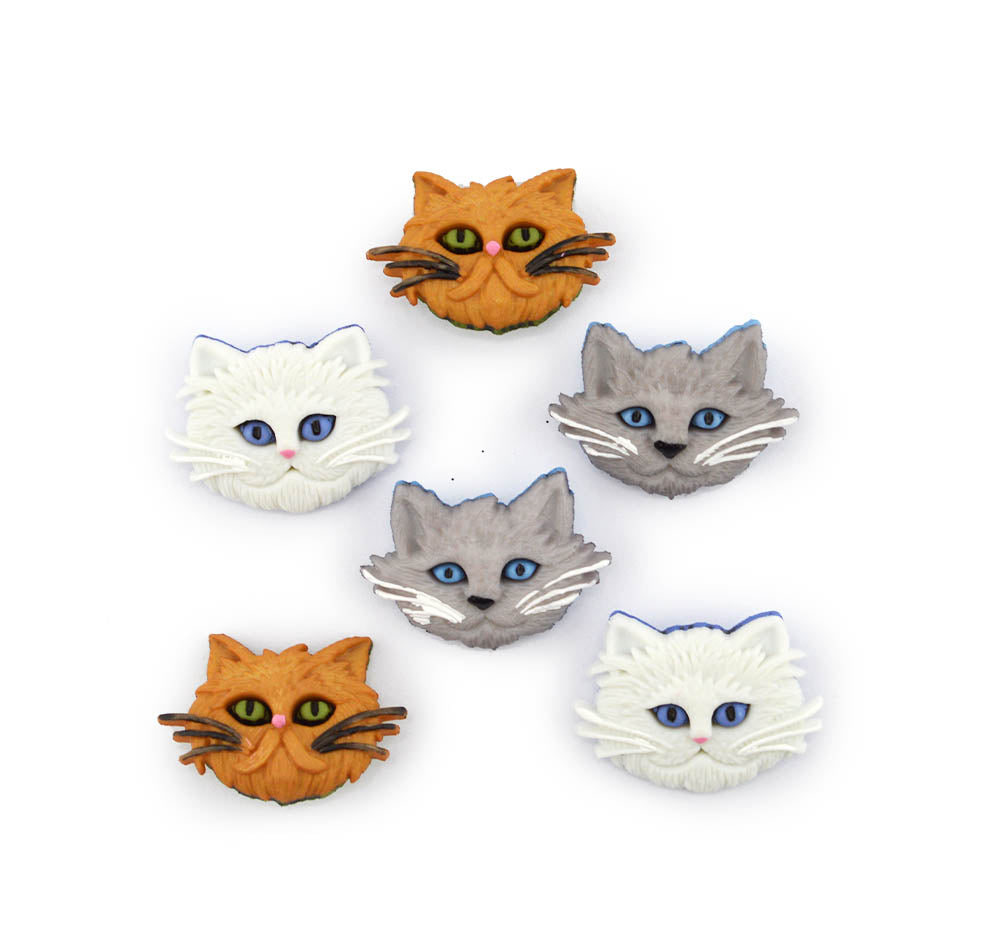 Five cat-face shaped items arranged on a plain white background, including two orange cats, two gray cats, and one white cat, each with blue eyes and black whiskers.