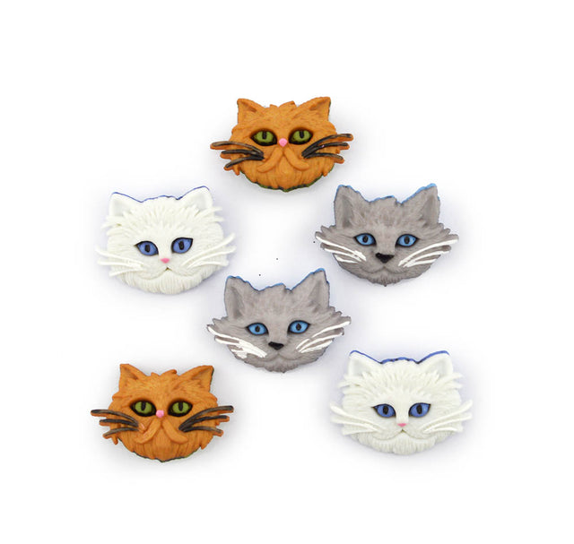 Five cat-face shaped items arranged on a plain white background, including two orange cats, two gray cats, and one white cat, each with blue eyes and black whiskers.
