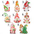 Eight Christmas gnome ornaments shown on a white background with numbered labels 1 through 8. The ornaments feature different festive designs including a gnome with a tree, a gnome in a sleigh, a gnome with a red hat and scarf, a gnome with a green hat and gifts, a gnome with a red hat and bell, a gnome with a reindeer head, a gnome holding candy canes and holly, and a gnome beside a decorated Christmas tree.