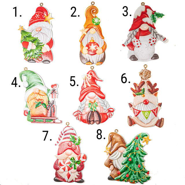 Eight Christmas gnome ornaments shown on a white background with numbered labels 1 through 8. The ornaments feature different festive designs including a gnome with a tree, a gnome in a sleigh, a gnome with a red hat and scarf, a gnome with a green hat and gifts, a gnome with a red hat and bell, a gnome with a reindeer head, a gnome holding candy canes and holly, and a gnome beside a decorated Christmas tree.