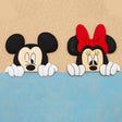 cartoon Mickey Mouse and Minnie Mouse peeking over a blue surface against a beige textured background.
