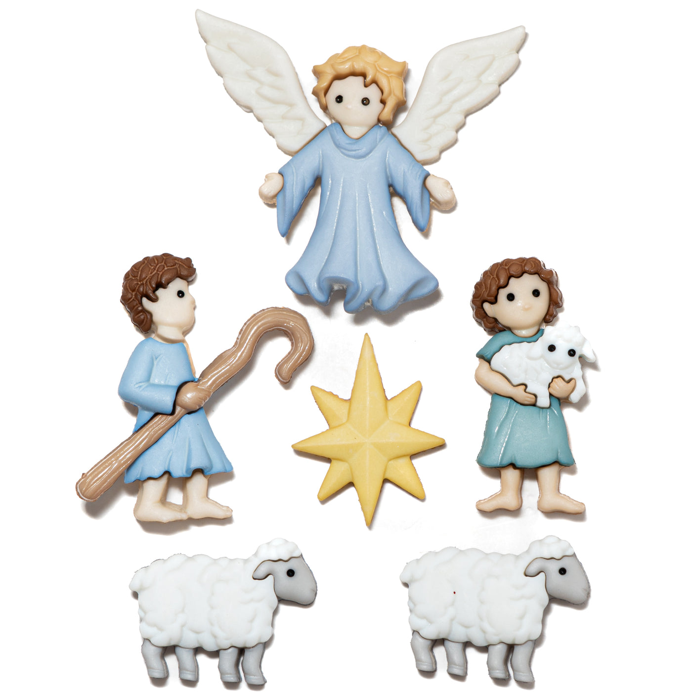 Set of nativity scene figurines including angels, shepherds, and sheep on a white background