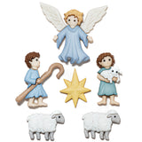 Set of nativity scene figurines including angels, shepherds, and sheep on a white background