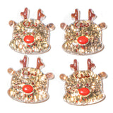 Four glittery reindeer-shaped decorations with red noses on a white background