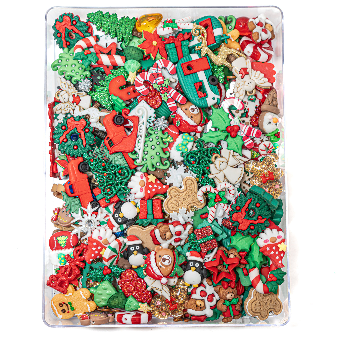 Assorted Christmas-themed decorative items on a white background