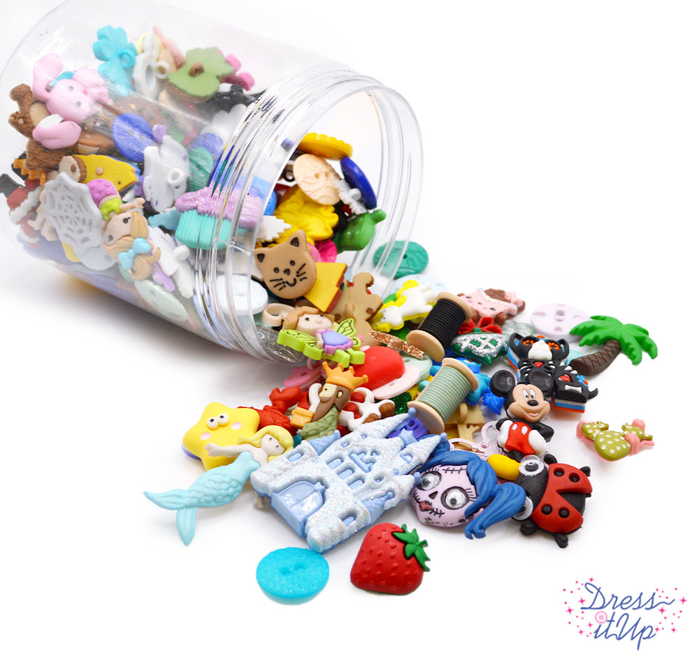 Mystery assortment contains approximately 150 pieces of shank-back, flat-back and sew-thru embellishments