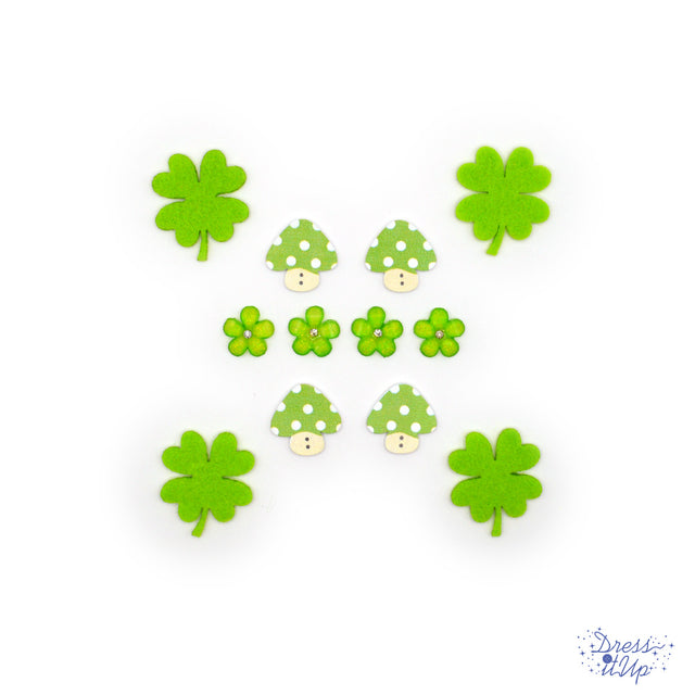 Green polka-dot mushrooms, shamrocks and resin flowers add to garden and outdoor themed crafts