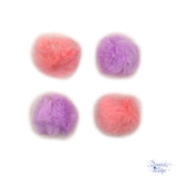 Add pink and purple pom poms to bag charms and keychains
