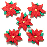 Five red poinsettia flower buttons with green leaves on a white background