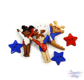 Tiny gymnasts in red, white and blue paired with sew-thru star buttons add to sports themed projects and children's crafts