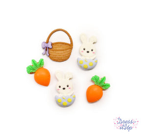 Two white bunnies, two baby carrots and an Easter basket perfect for spring and holiday crafts