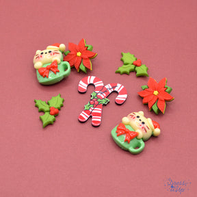 Cute cats in mugs, candy canes and holiday flowers for festive crafts