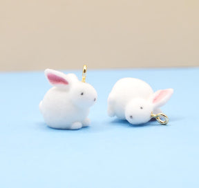 flocked white rabbit charm pair for jewelry making